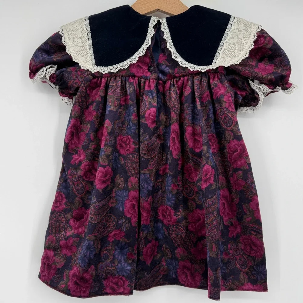 Piccolo Vintage 90s Girl's Paisley Floral Velour Collar Dress 3T‎